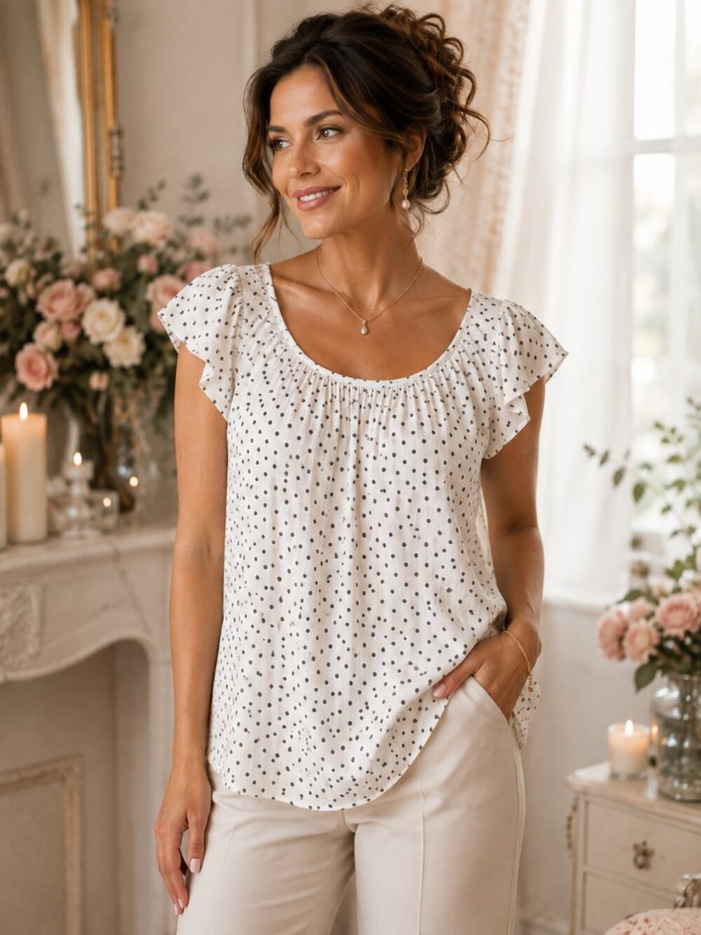 Luisa Ricci Italy 100% Silk Polka Dot Flutter Sleeve Bubble Hem Blouse L Ivory